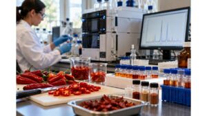 Modern laboratory analysis of chile pepper samples using HPLC equipment to measure capsaicinoids and determine pepper heat.