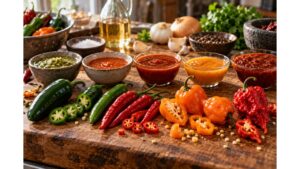 Chile peppers ranging from jalapeño and serrano to habanero and superhot peppers beside finished hot sauces and fresh sauce ingredients.