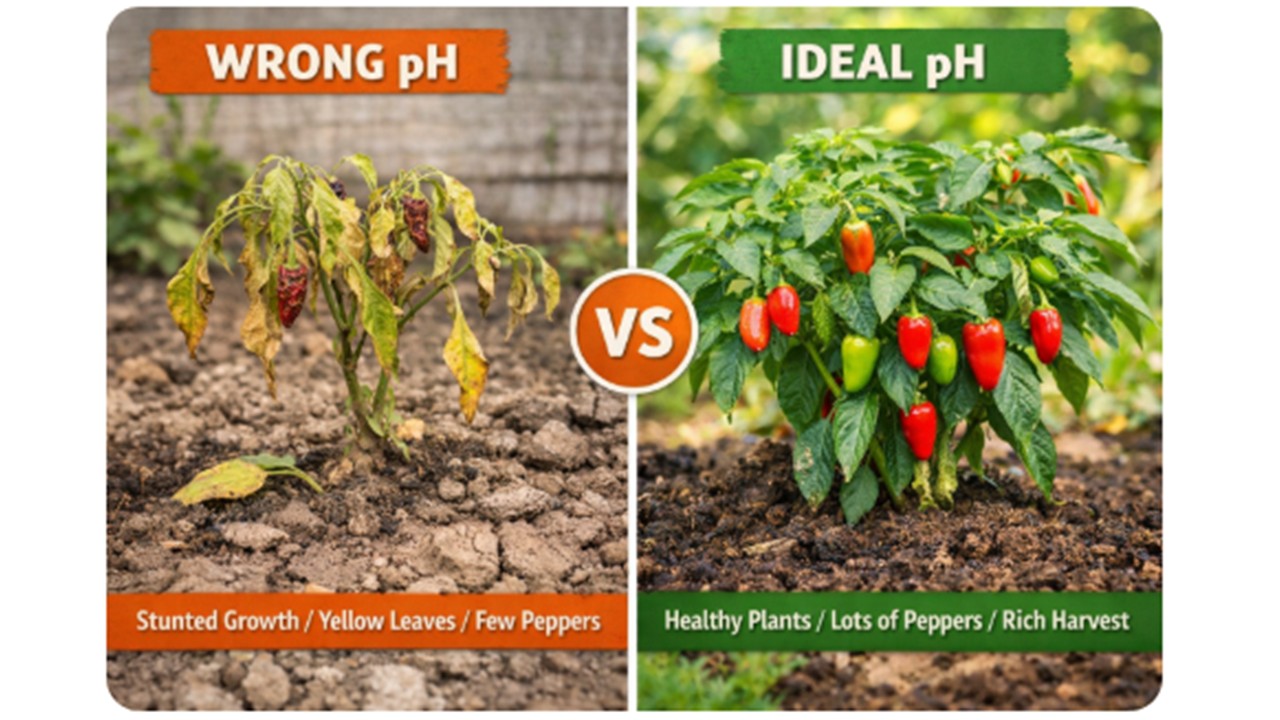 wrong vs ideal soil ph for pepper plants unhealthy vs healthy pepper growth comparison