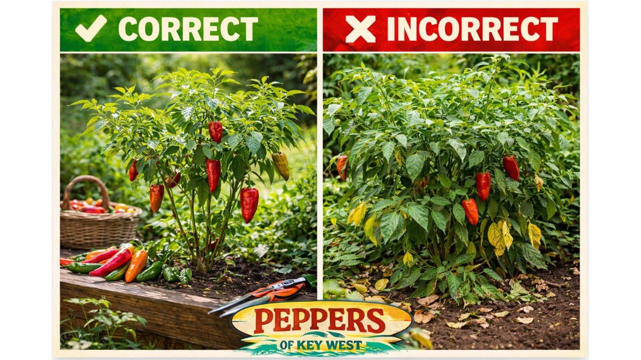 Side-by-side comparison of correctly pruned hot pepper plant versus overgrown unpruned pepper plant showing yield differences