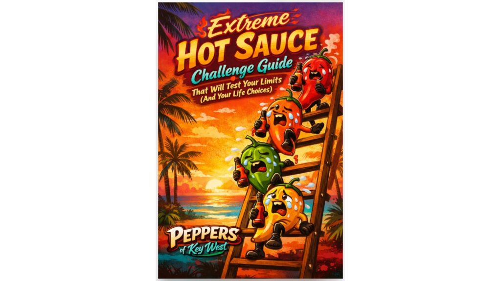 extreme hot sauce challenge guide with peppers climbing heat ladder holding hot sauce bottles tropical peppers of key west spicy food challenge