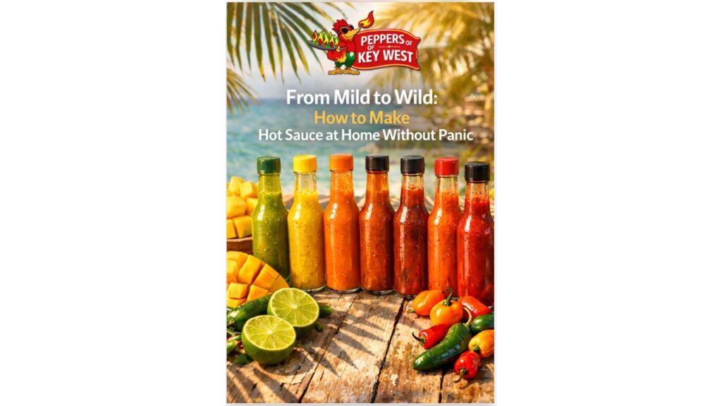 Homemade hot sauce lineup from mild to extra hot with fresh peppers and tropical ingredients on a rustic table