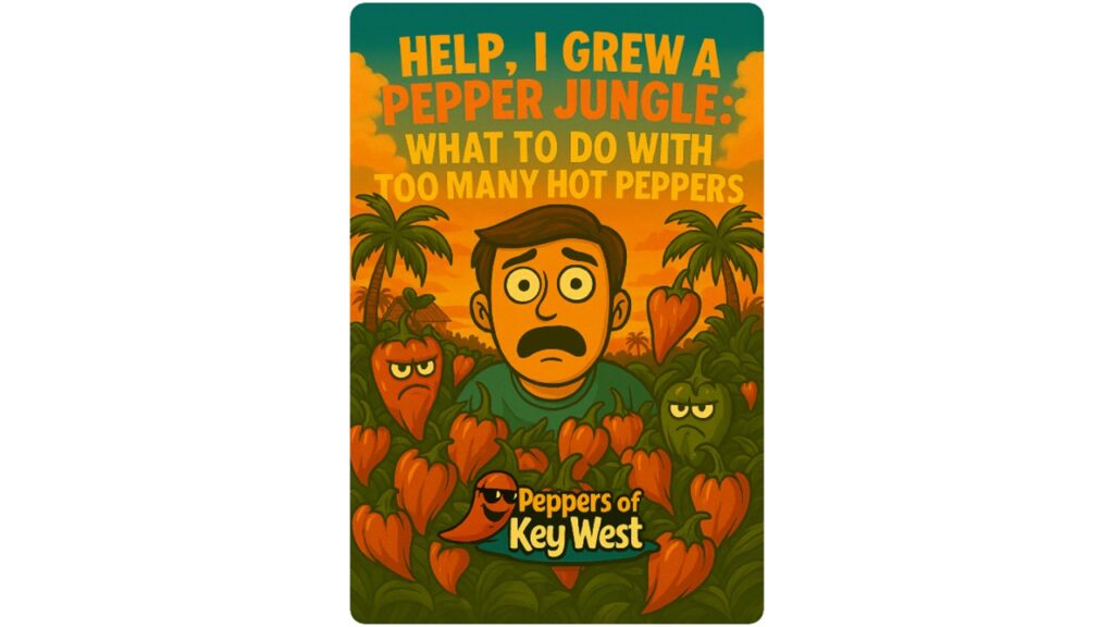 Overgrown tropical pepper jungle with an overwhelmed gardener surrounded by abundant hot pepper plants.