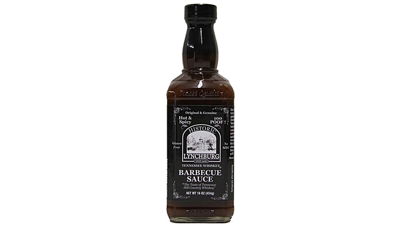 Historic Lynchburg Tennessee Whiskey Hot Spicy BBQ Sauce 100 Proof smoky bourbon barbecue sauce bottle