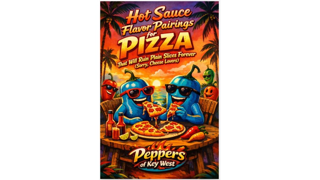 peppers of key west hot sauce bottle next to pizza for best hot sauce pizza pairing