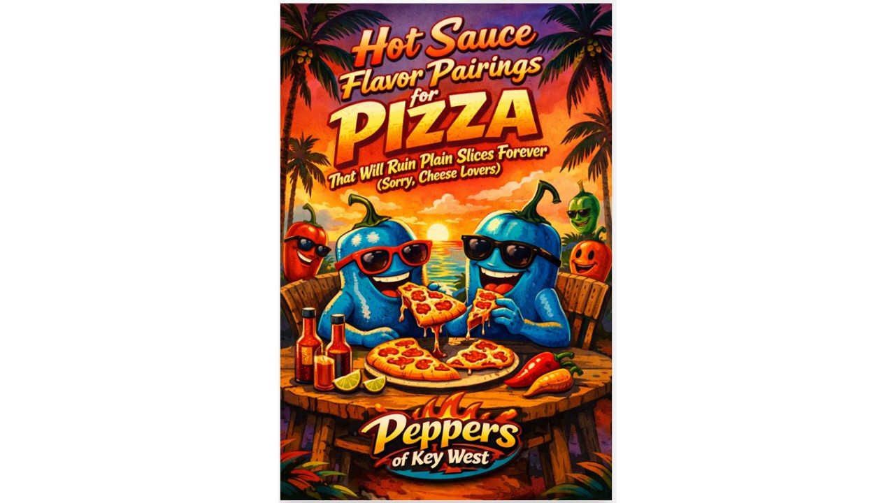 peppers of key west hot sauce bottle next to pizza for best hot sauce pizza pairing