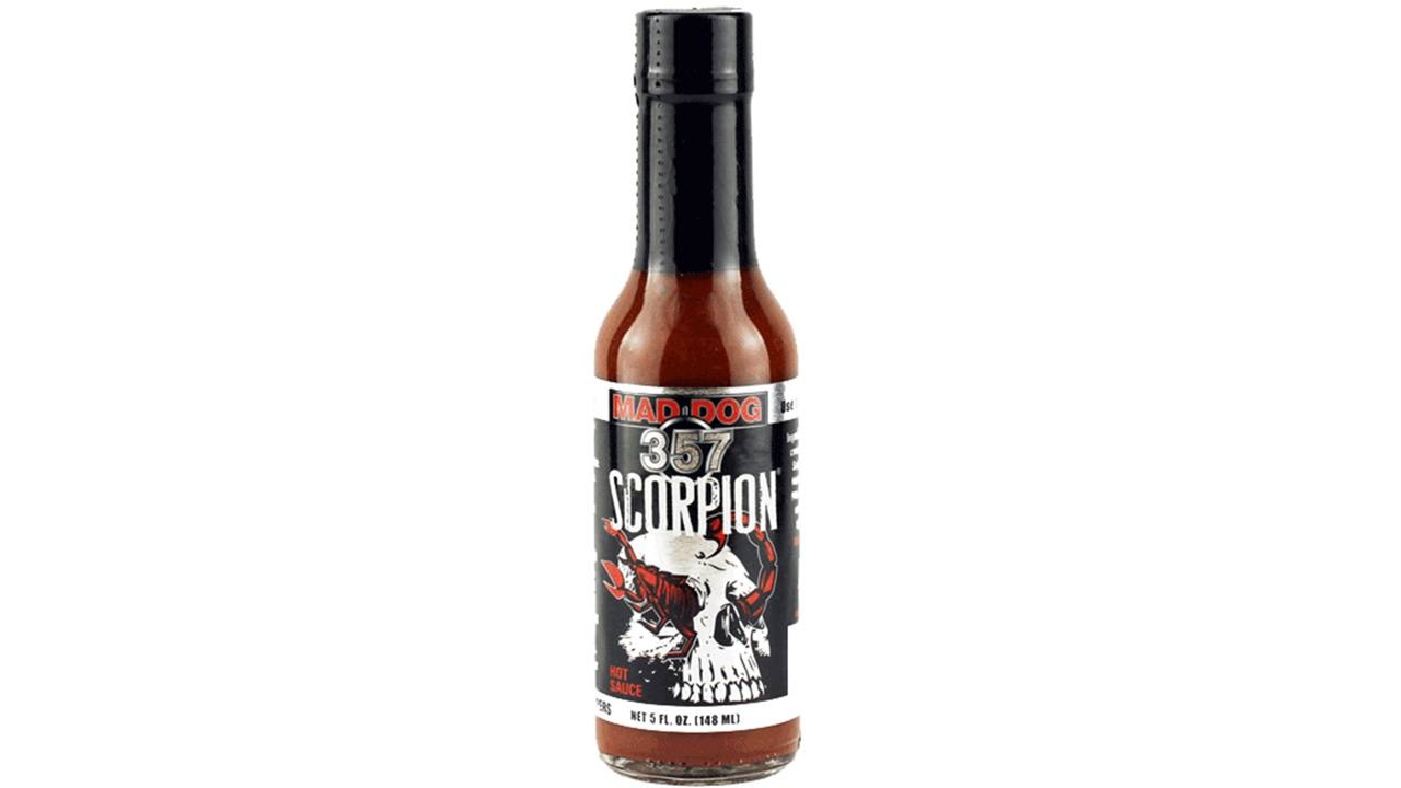 mad dog 357 scorpion hot sauce bottle extreme heat chili extract trinidad scorpion pepper sauce