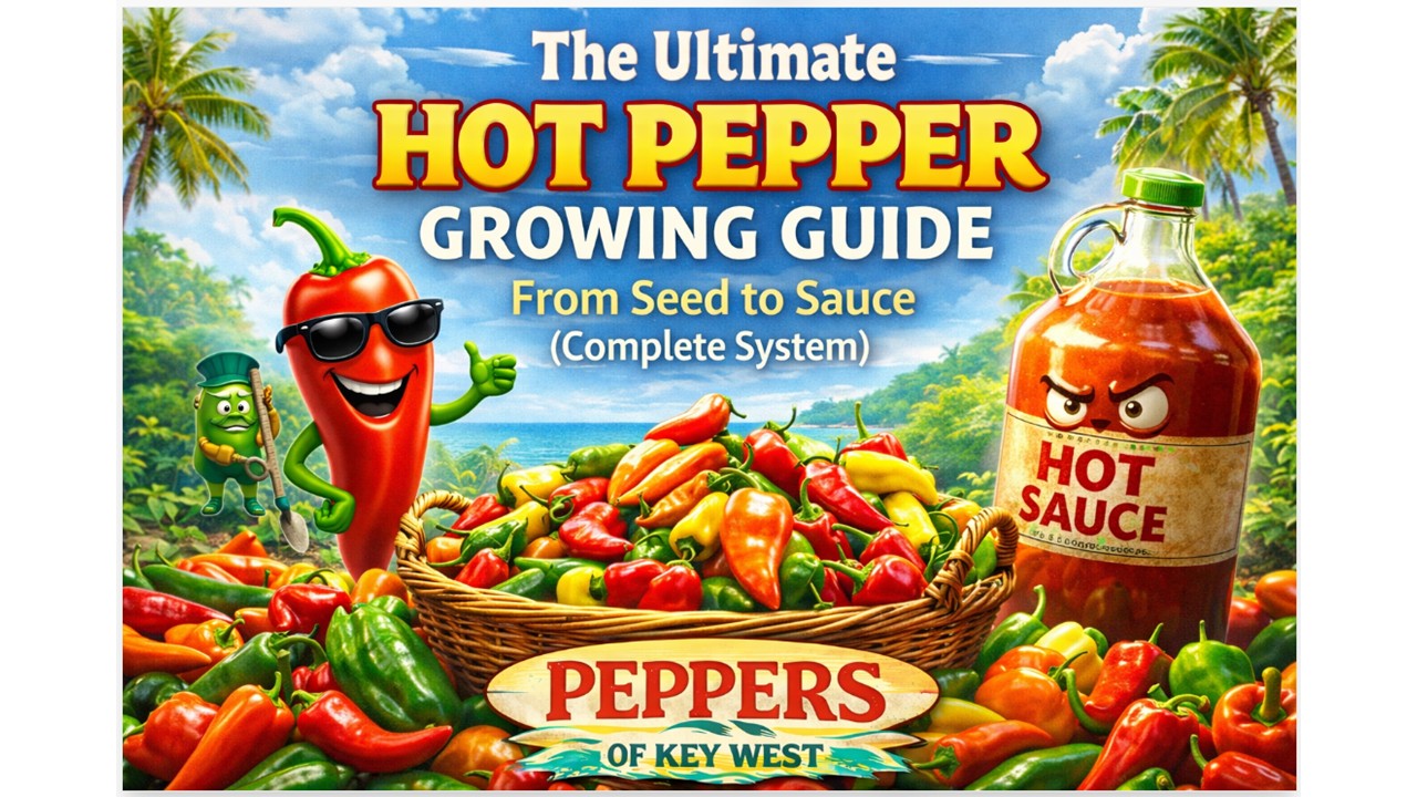 Colorful tropical scene with hot peppers and hot sauce bottles representing complete hot pepper growing from seed to sauce