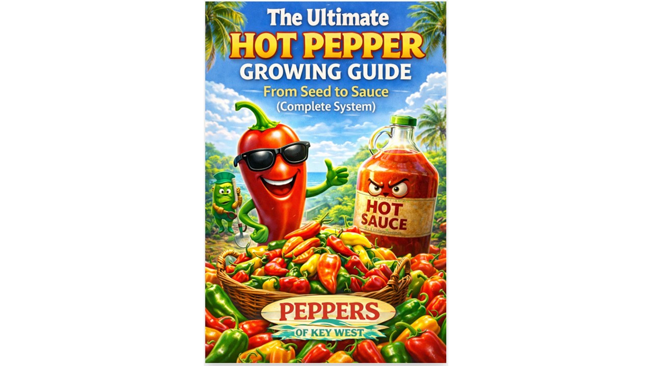 Colorful tropical scene with peppers and hot sauce illustrating the ultimate hot pepper growing guide from seed to sauce