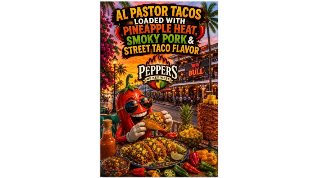 Funny tropical pepper mascot eating pineapple-loaded al pastor tacos outside a lively Key West taco setting near The Bull on Duval Street with sunset skies, palm trees, smoky pork, and Peppers of Key West branding.