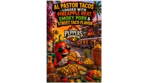 Funny tropical pepper mascot eating pineapple-loaded al pastor tacos outside a lively Key West taco setting near The Bull on Duval Street with sunset skies, palm trees, smoky pork, and Peppers of Key West branding.