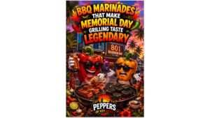 Smoky BBQ marinades being brushed onto grilled steak, chicken, shrimp, and burgers at a Memorial Day backyard cookout with hot sauce and charcoal grilling
