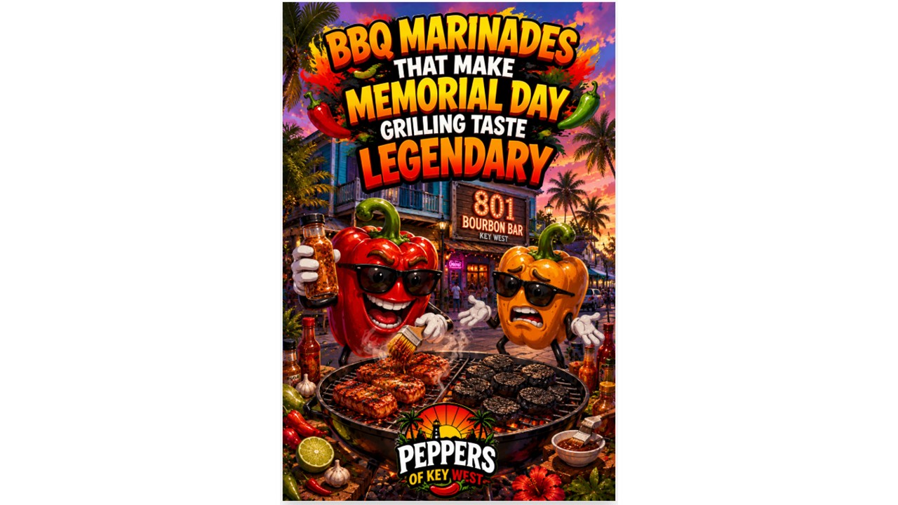 Smoky BBQ marinades being brushed onto grilled steak, chicken, shrimp, and burgers at a Memorial Day backyard cookout with hot sauce and charcoal grilling