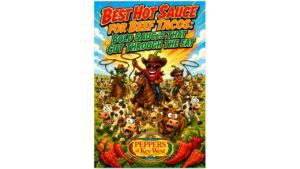 Best Hot Sauce for Beef Tacos cartoon image featuring cowboy chili peppers herding cows in a bright tropical field with Peppers of Key West branding