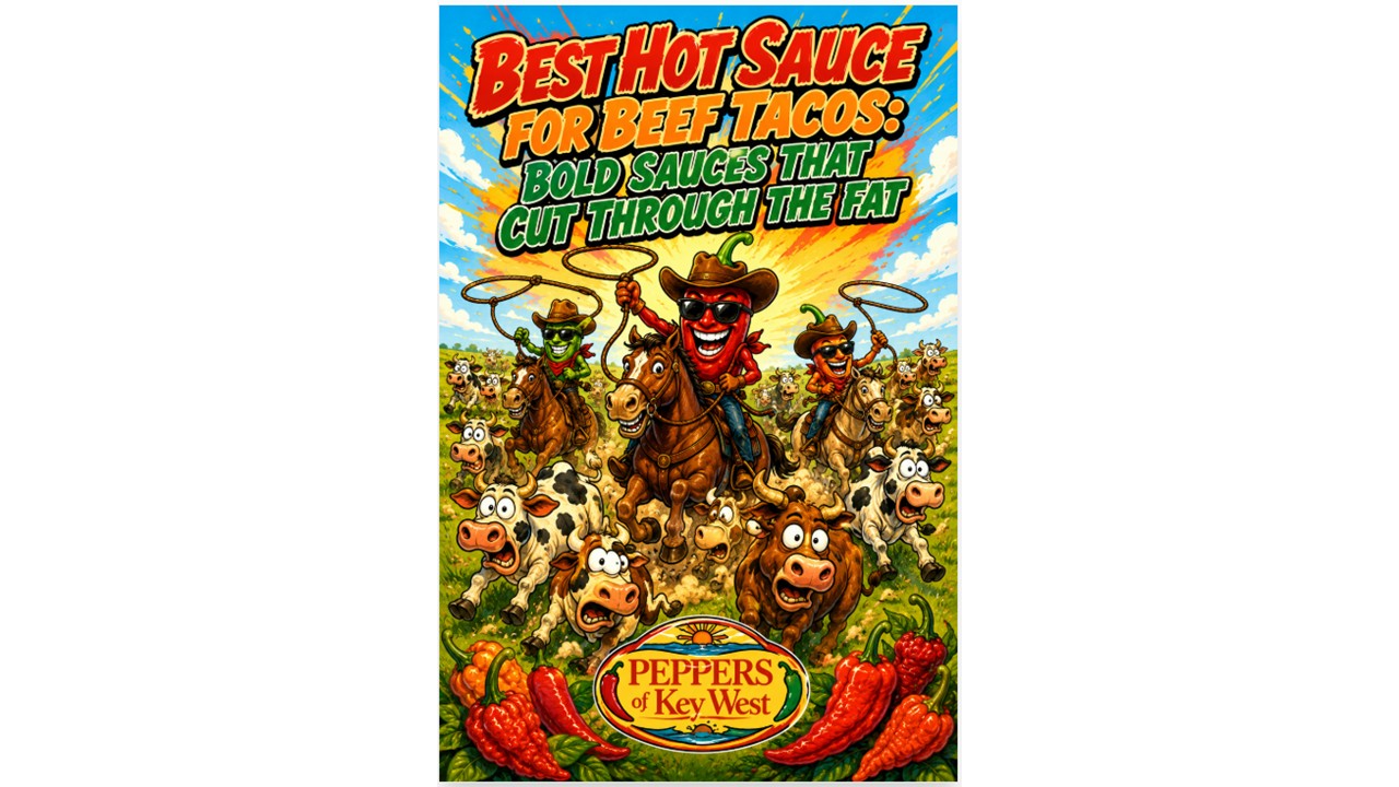 Best Hot Sauce for Beef Tacos cartoon image featuring cowboy chili peppers herding cows in a bright tropical field with Peppers of Key West branding