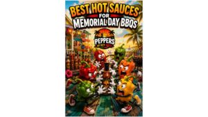 Memorial Day backyard BBQ with spicy hot sauces, grilled burgers, tacos, wings, ribs, and smoky summer cookout food on a tropical outdoor grill setup