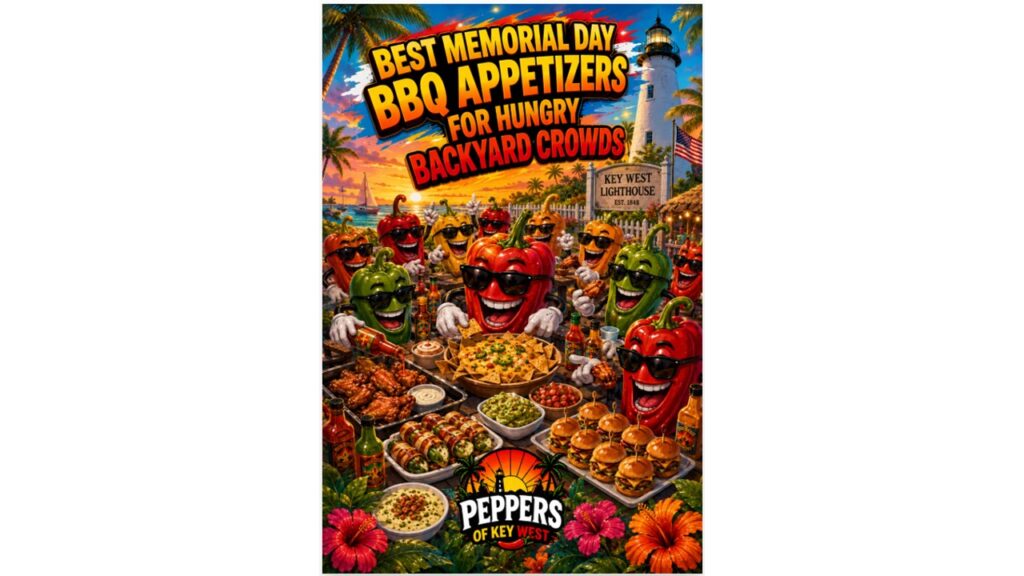 Memorial Day BBQ appetizers including spicy wings, loaded nachos, queso dip, sliders, jalapeño poppers, and backyard cookout party food on a summer BBQ table