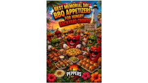 Memorial Day BBQ appetizers including spicy wings, loaded nachos, queso dip, sliders, jalapeño poppers, and backyard cookout party food on a summer BBQ table