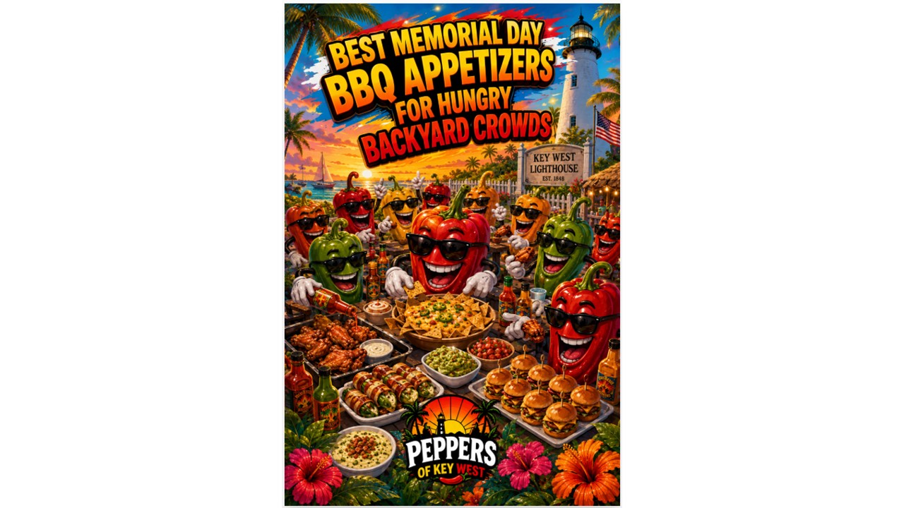 Memorial Day BBQ appetizers including spicy wings, loaded nachos, queso dip, sliders, jalapeño poppers, and backyard cookout party food on a summer BBQ table