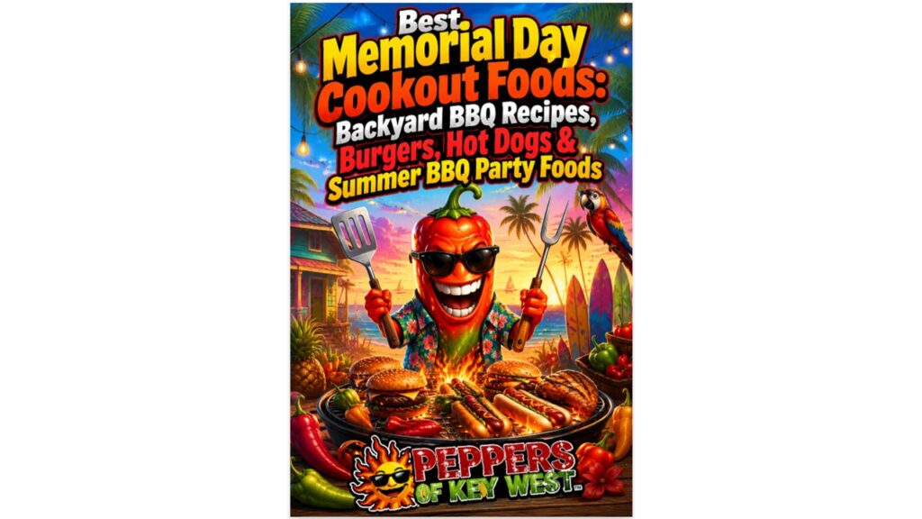 Funny tropical Memorial Day BBQ image with spicy pepper character grilling burgers and hot dogs at a backyard cookout with Peppers of Key West branding