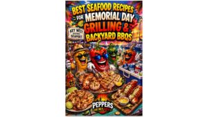 Grilled shrimp, fish tacos, seafood skewers, and spicy tropical seafood dishes served at a Memorial Day backyard BBQ cookout with hot sauce and summer grilling food