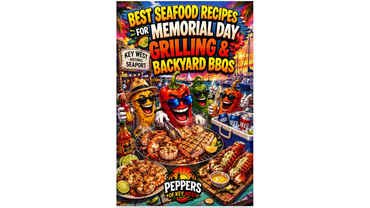 Grilled shrimp, fish tacos, seafood skewers, and spicy tropical seafood dishes served at a Memorial Day backyard BBQ cookout with hot sauce and summer grilling food