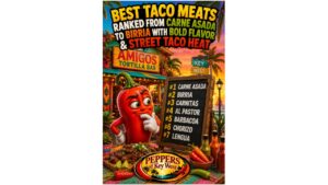 Authentic taco meats including carne asada, birria, carnitas, barbacoa, chorizo, and street tacos loaded with bold flavor and hot sauce