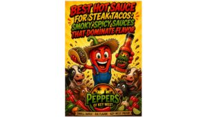 Best hot sauce for steak tacos with grilled beef taco and smoky spicy hot sauce bottle