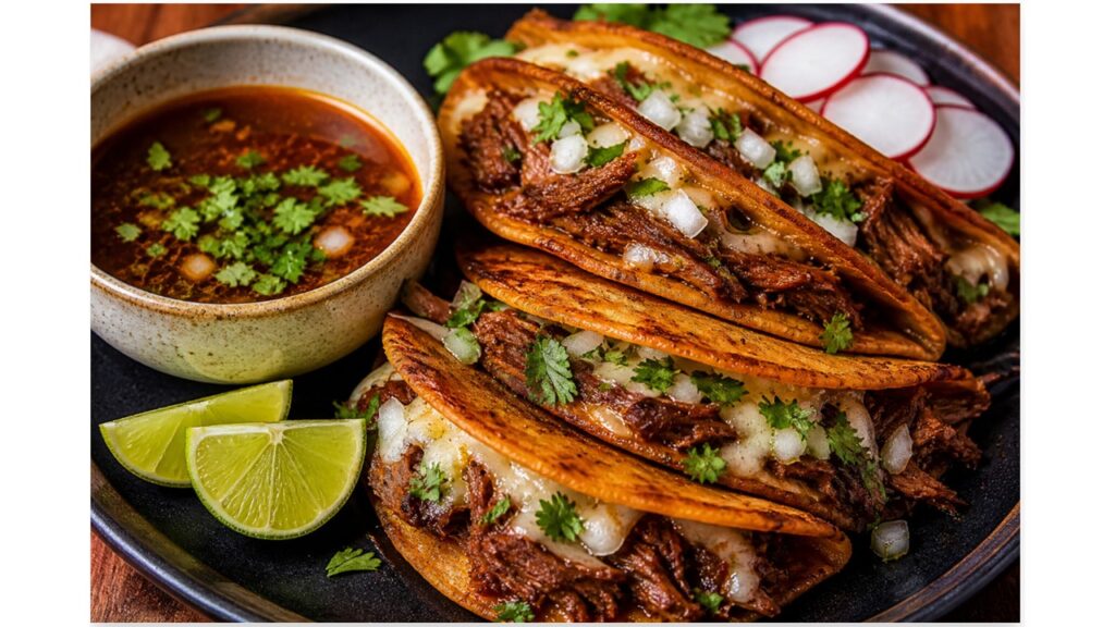birria tacos with shredded beef crispy tortillas and dipping consommé
