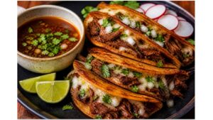 birria tacos with shredded beef crispy tortillas and dipping consommé