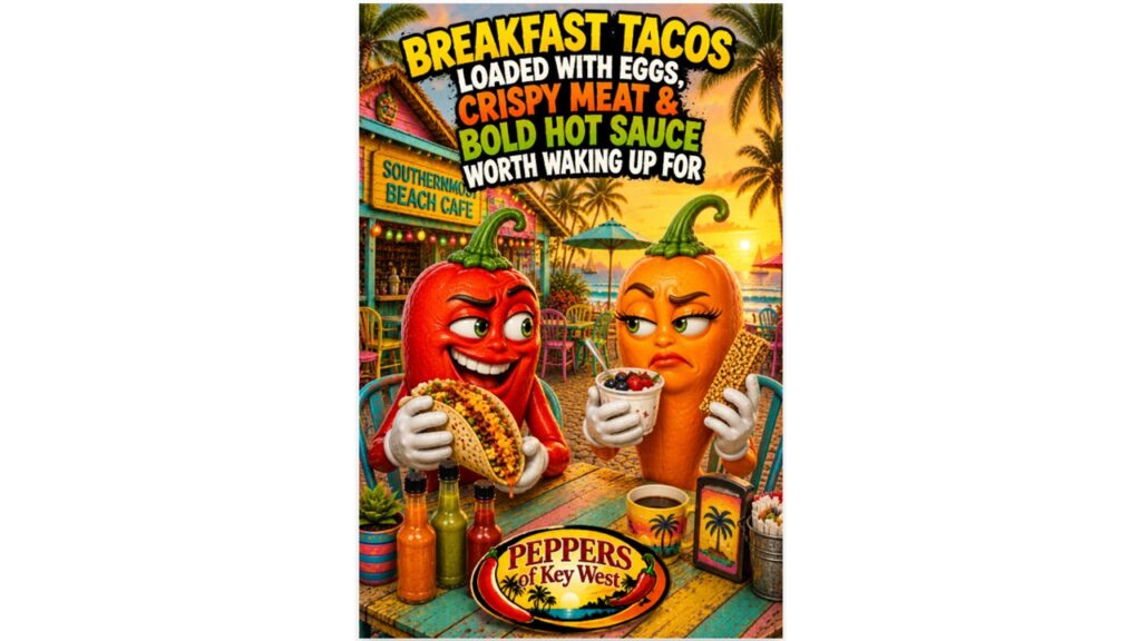 Loaded breakfast tacos with eggs, crispy bacon, sausage, cheese, potatoes, and bold hot sauce on warm tortillas