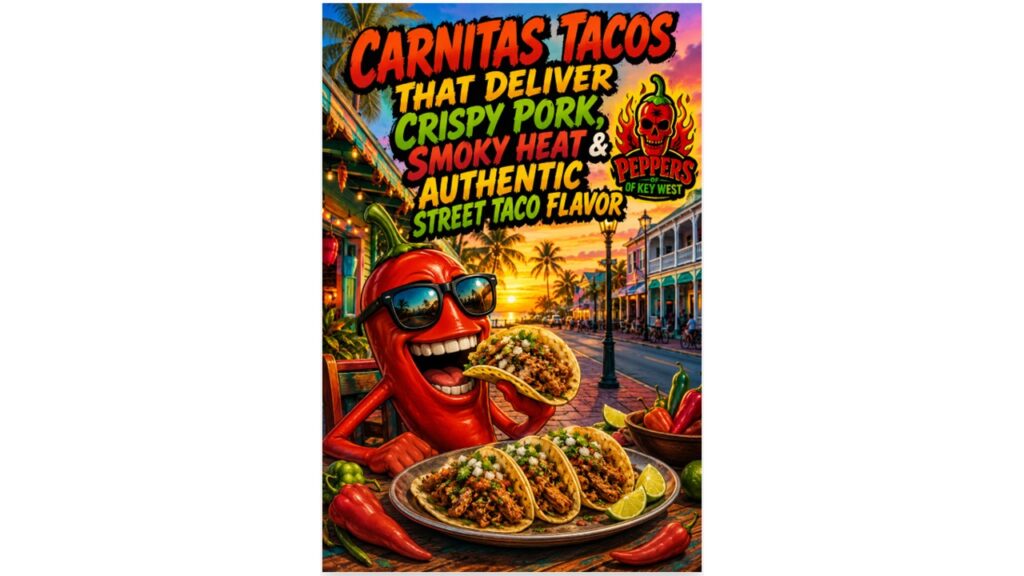 Funny red pepper mascot eating carnitas tacos at a tropical Key West Mexican restaurant overlooking Duval Street with palm trees, sunset sky, colorful chili peppers, and Peppers of Key West hot sauce branding.