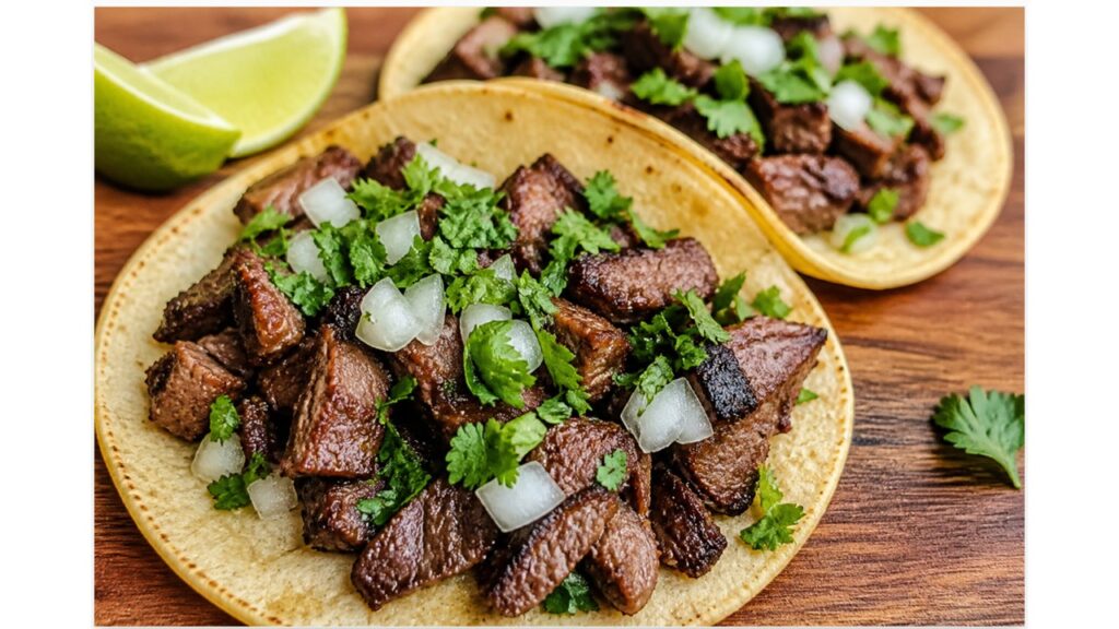 carne asada taco with grilled steak onions and cilantro on corn tortilla