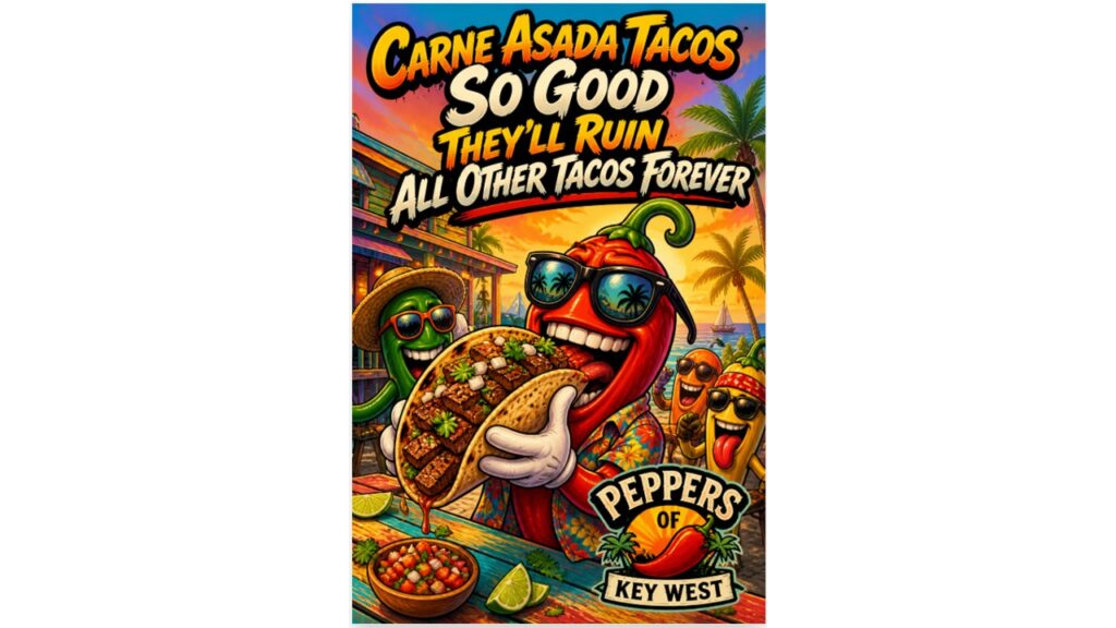 carne asada tacos with grilled steak and hot sauce from Peppers of Key West