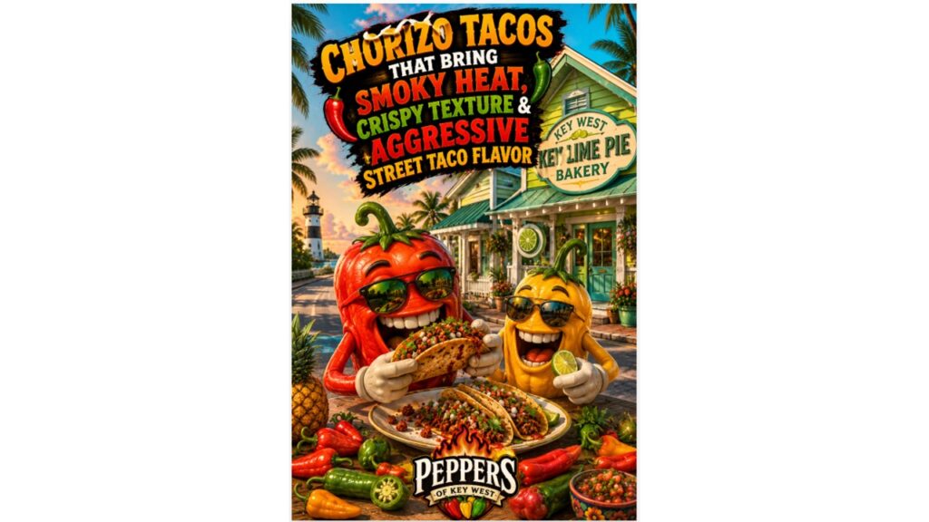 Funny spicy pepper mascot eating crispy chorizo tacos loaded with smoky sausage, hot sauce, and street taco toppings in a colorful tropical Key West taco setting with palm trees and sunset skies.