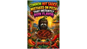 common hot sauce mistakes on pizza showing excessive hot sauce overpowering pizza flavor and ruining balance with toppings and cheese