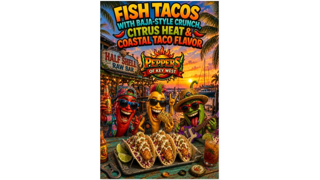 Crispy Baja-style fish tacos loaded with crunchy slaw, citrus lime, tropical hot sauce, fresh toppings, and coastal street taco flavor on warm tortillas.