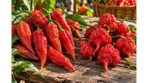 Fresh Ghost Peppers and Carolina Reapers side by side showing differences in shape and texture