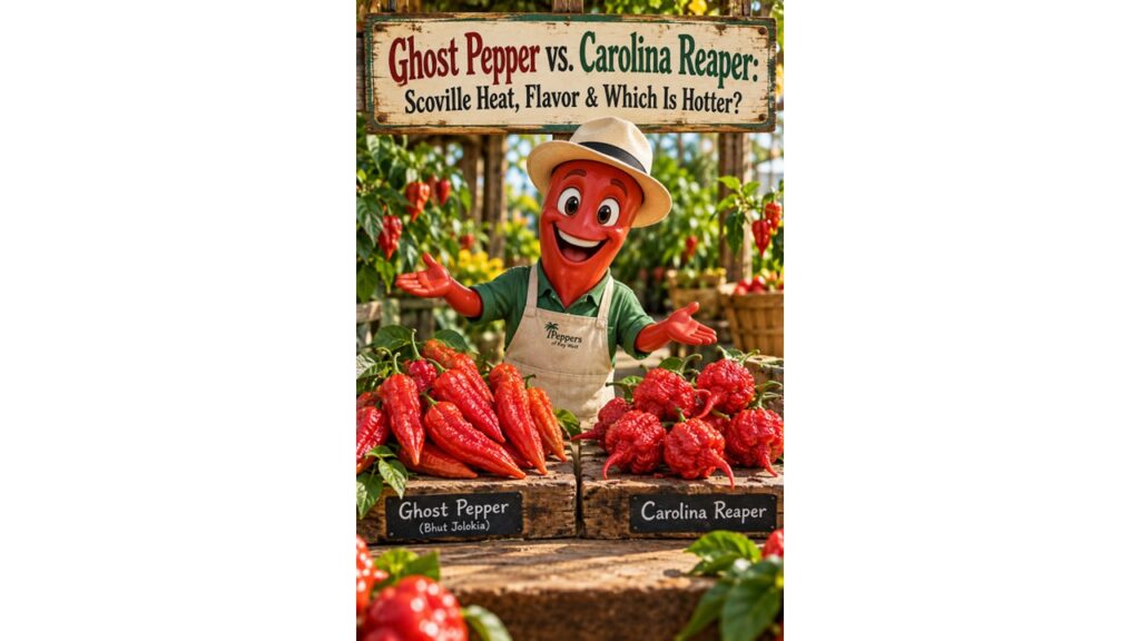 Professor Pepper comparing Ghost Peppers and Carolina Reapers side by side in a pepper garden