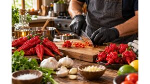 Cook wearing gloves preparing Ghost Peppers and Carolina Reapers for homemade superhot pepper sauce