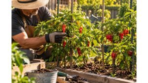 Home gardener tending Ghost Pepper and Carolina Reaper plants growing in a raised garden bed