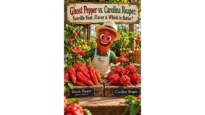 Professor Pepper comparing Ghost Peppers and Carolina Reapers side by side in a pepper garden
