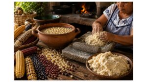 Mexican artisan prepares fresh masa beside nixtamalized corn, colorful maize varieties, and a traditional stone metate in a rustic kitchen.