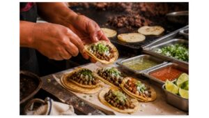 Mexican taquero assembles small street tacos with grilled meat, onion, cilantro, salsa, lime, and doubled corn tortillas at a working taquería.