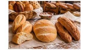 Bolillo, telera, and birote salado displayed in a Mexican panadería, showing their distinctive shapes, crusts, crumb structures, and handmade textures.