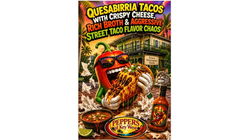 Crispy quesabirria tacos loaded with melted cheese, slow-cooked beef, rich consommé broth, and smoky street taco flavor