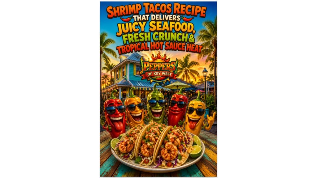 Juicy shrimp tacos loaded with crunchy slaw, tropical hot sauce, fresh lime, cilantro, and colorful street taco toppings in a vibrant coastal taco setting.