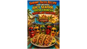 Juicy shrimp tacos loaded with crunchy slaw, tropical hot sauce, fresh lime, cilantro, and colorful street taco toppings in a vibrant coastal taco setting.