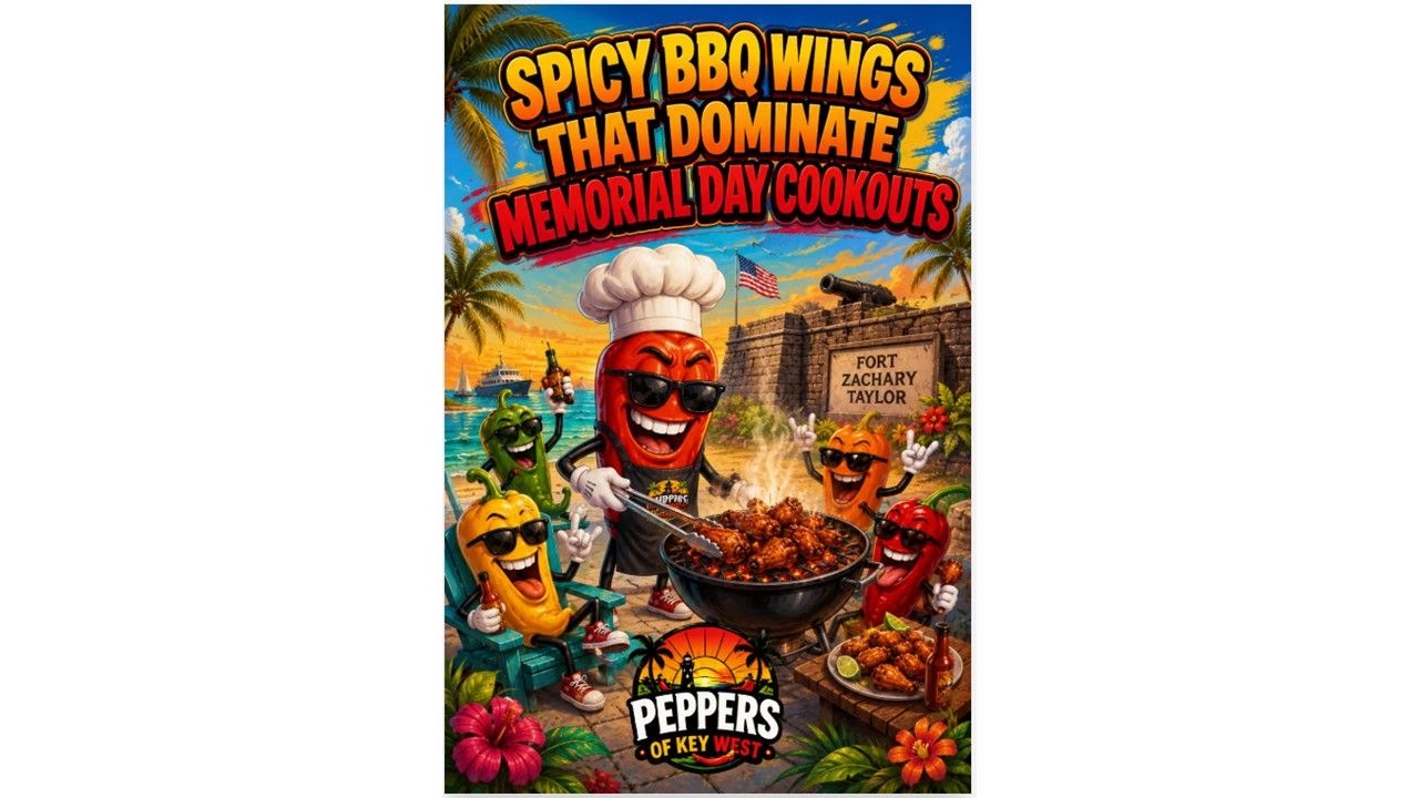 Spicy BBQ chicken wings covered in smoky hot sauce on a backyard grill with Memorial Day cookout food, cold drinks, and summer BBQ sides