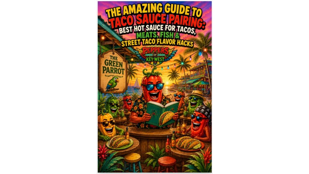 Colorful taco sauce pairing guide artwork featuring spicy taco flavors, hot sauces, meats, seafood tacos, and tropical Peppers of Key West branding